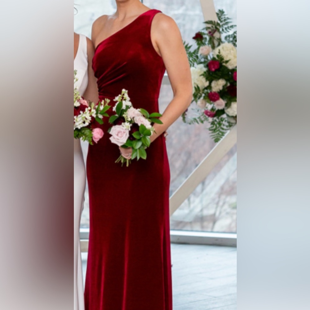 Azazie Burgundy One-Shoulder Velvet Bridesmaid Dress